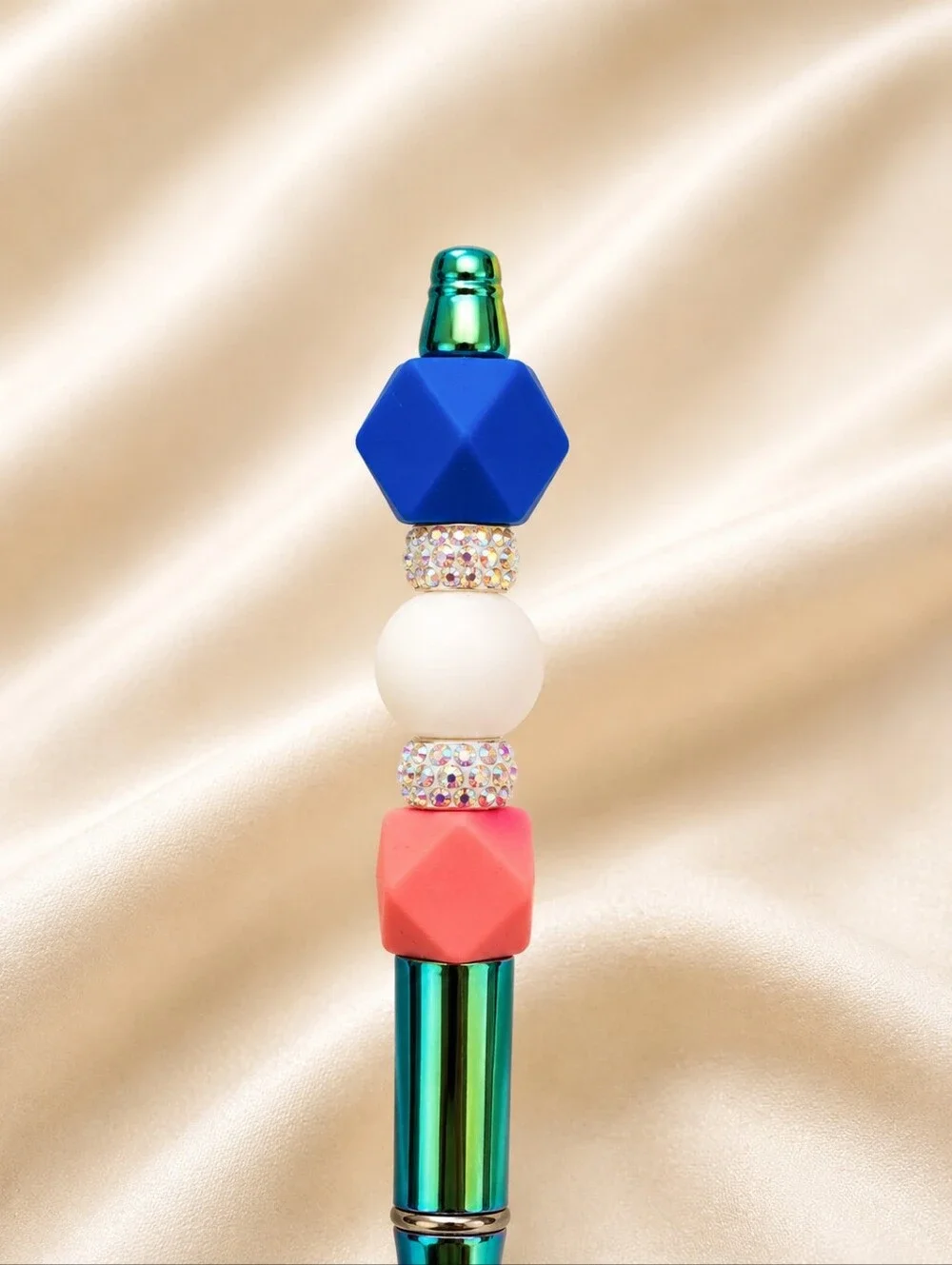 Handcrafted Stylish Beaded Ballpoint Pen - Blue, Coral & Cream Accent